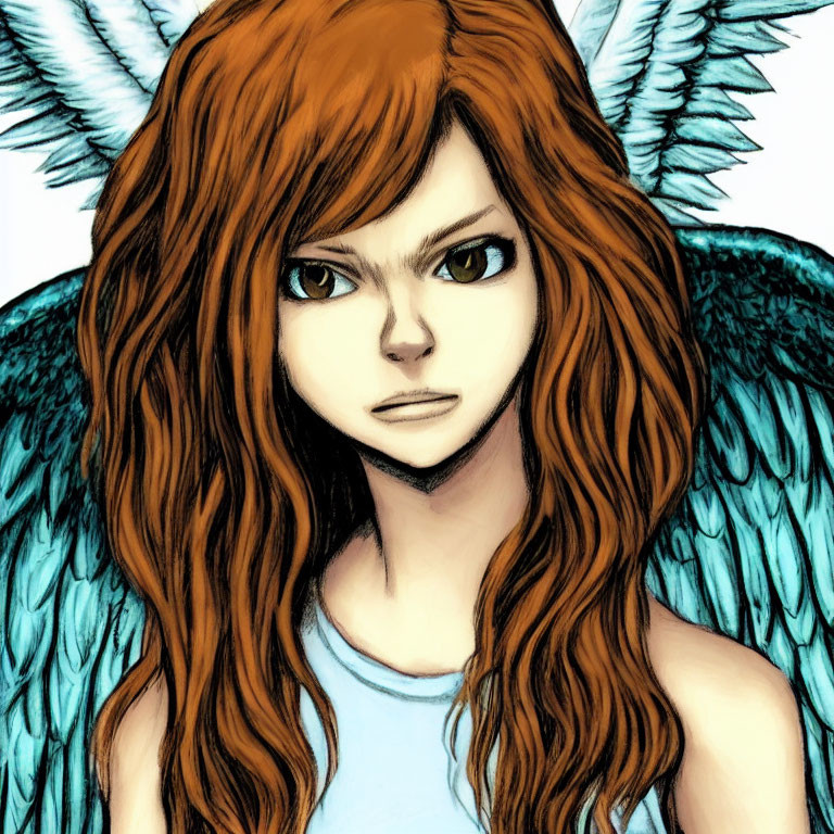 Detailed illustration: Person with auburn hair, intense gaze, and blue angel wings