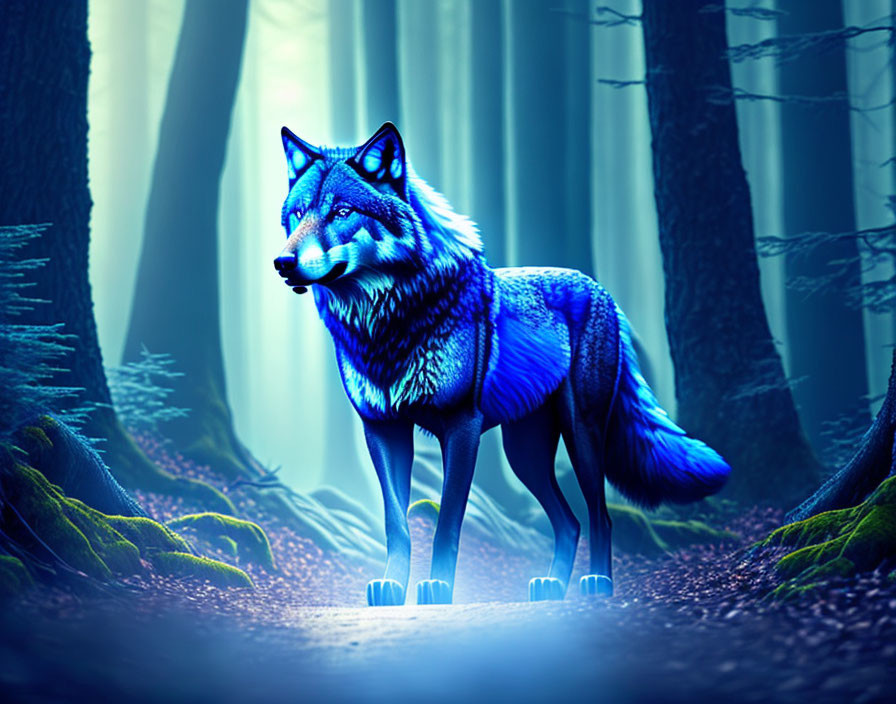 Luminous blue wolf in mystical forest with ethereal light