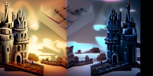 Miniature castles under dramatic warm and cool lighting