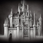Majestic black and white castle with intricate turrets and grand entrance