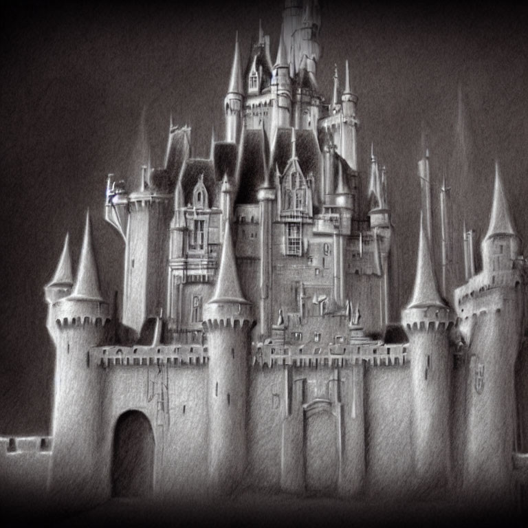 Majestic black and white castle with intricate turrets and grand entrance