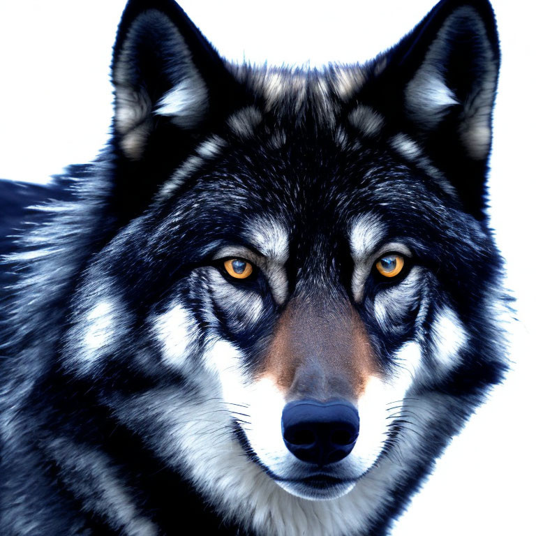 Close-up Wolf Image with Amber Eyes and Black & White Fur