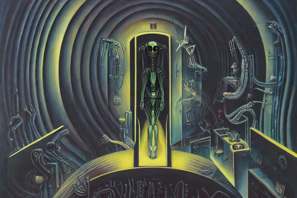 Surreal futuristic artwork: humanoid figure in doorway with intricate mechanical designs