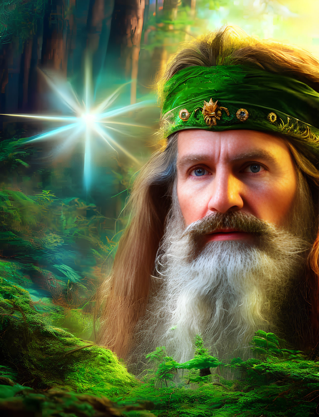 Elderly man with white beard in green headband in mystical forest