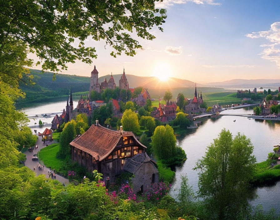 Picturesque summer European riverside village