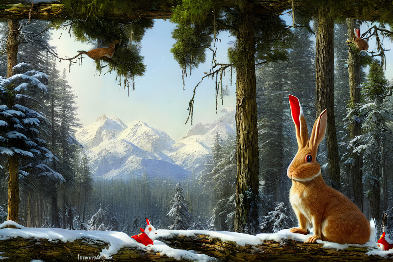 Winter forest with oversized rabbit, birds in hats, and leaping deer.