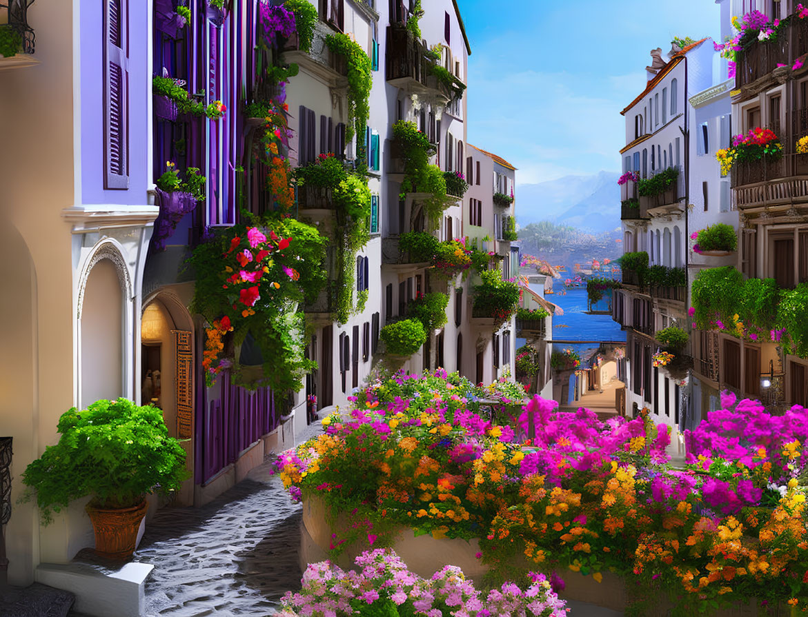 Colorful Flowers and Cobblestone Alleyway Leading to Blue Sea