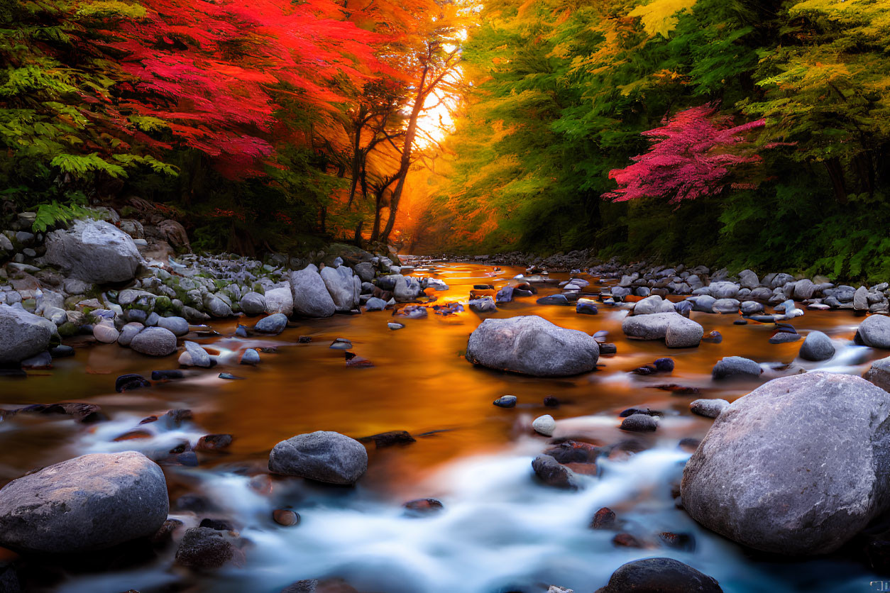 Sunset in Autumn Forest's River 