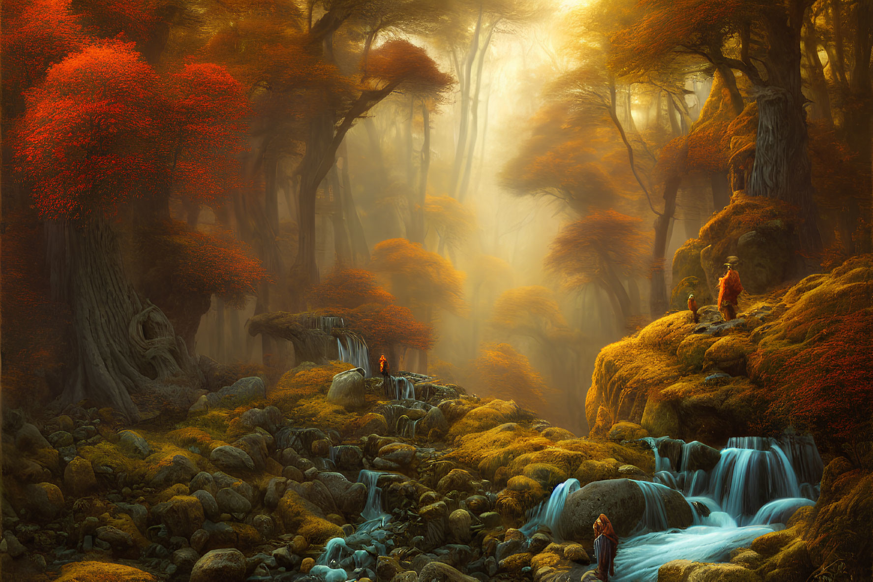 Ethereal autumn forest with red foliage and person by stream in golden light