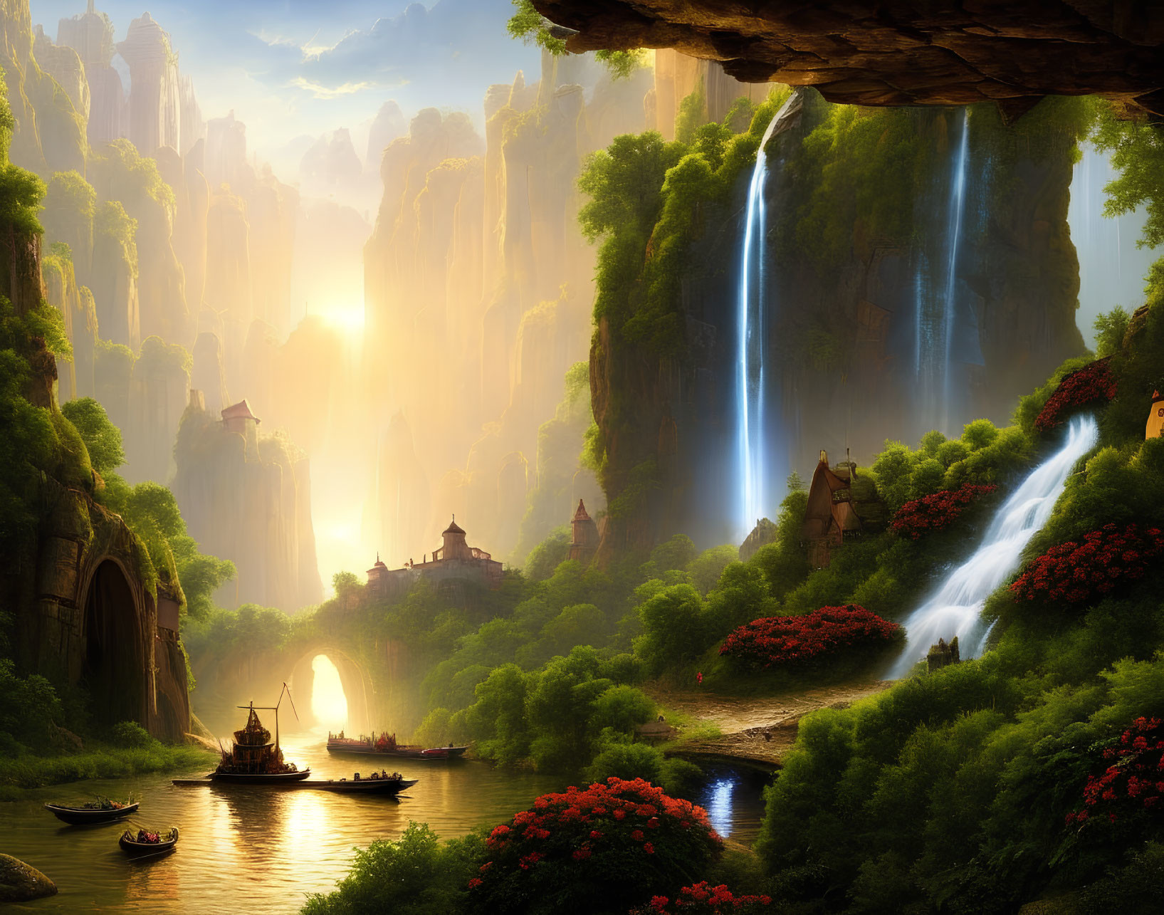 Serene valley sunrise with waterfalls, traditional buildings, boats, and lush greenery