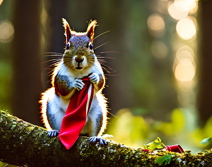 Squirrel with red ribbon on branch in forest scenery