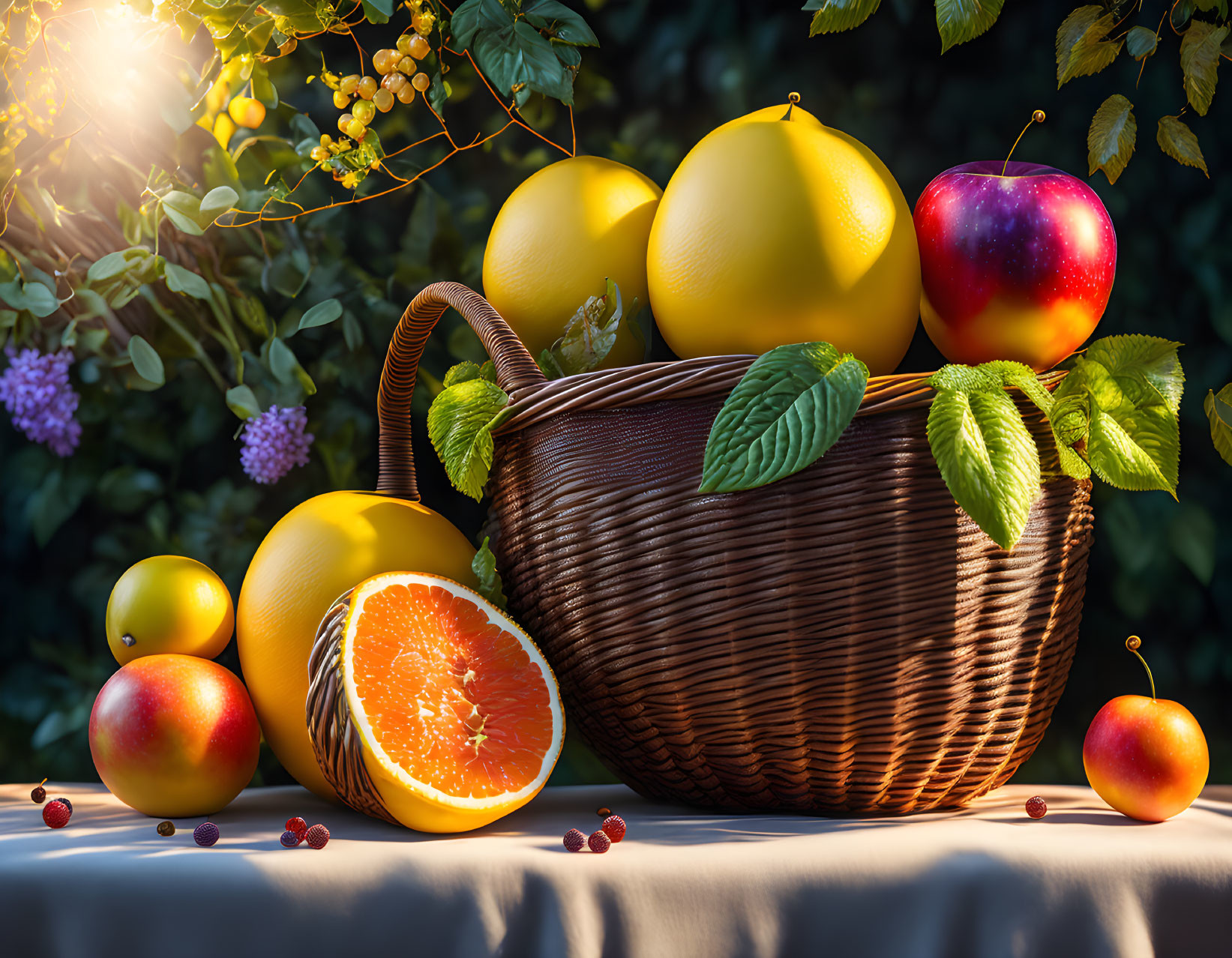 Stunning photo of a wicker basket with ripe fruits