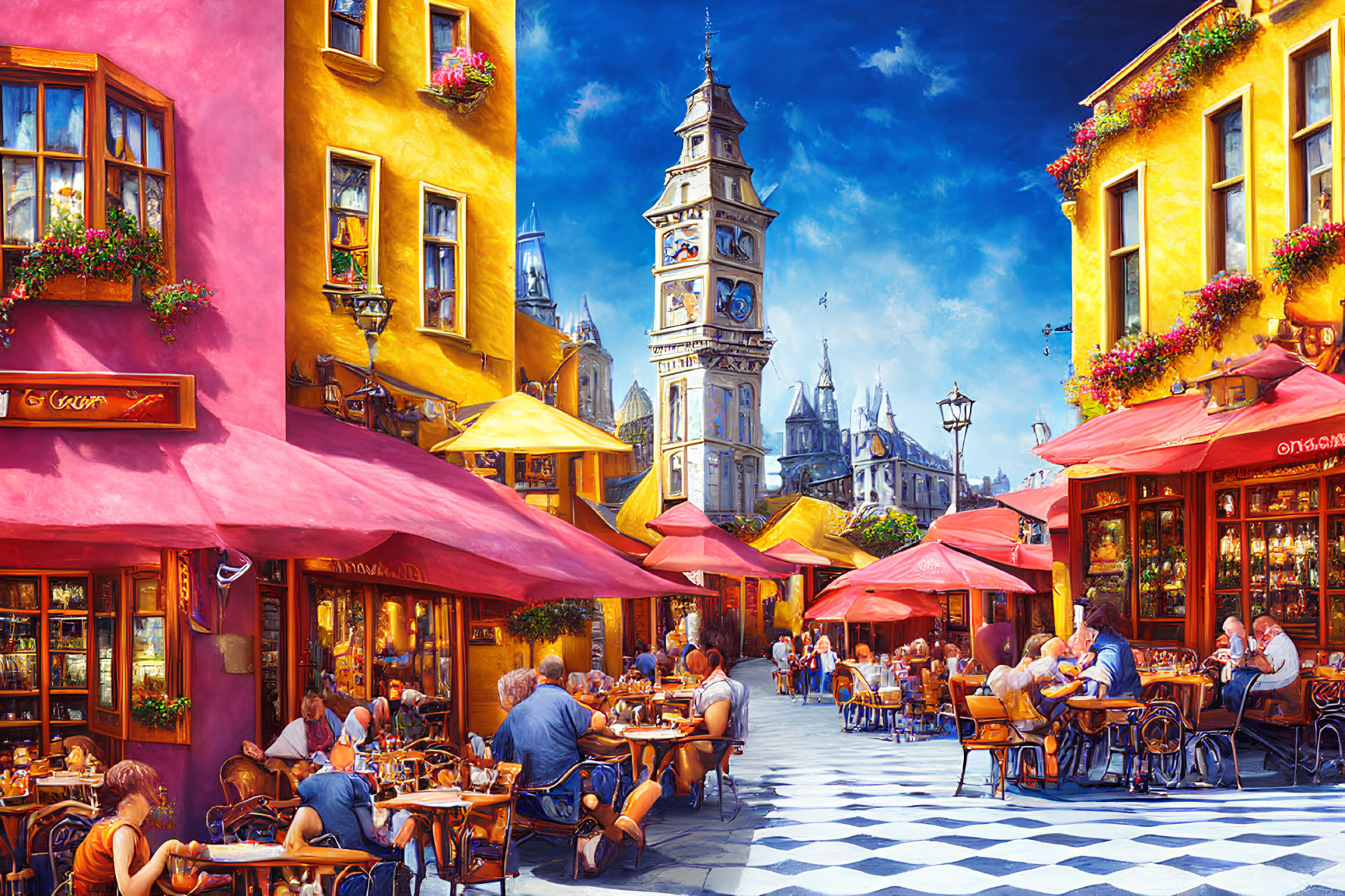 Colorful sidewalk cafes and clock tower in vibrant street scene