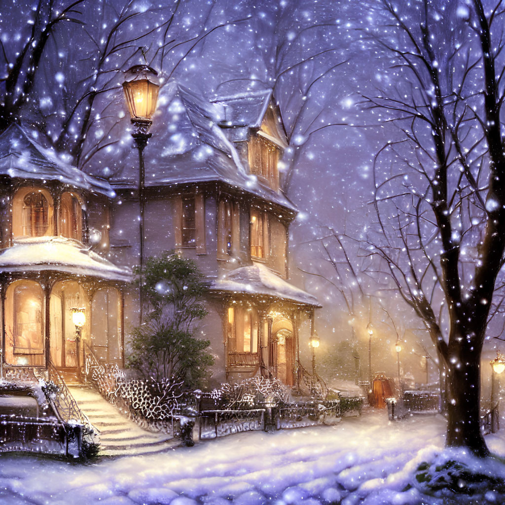 Victorian-style house in snowy night with warm lights