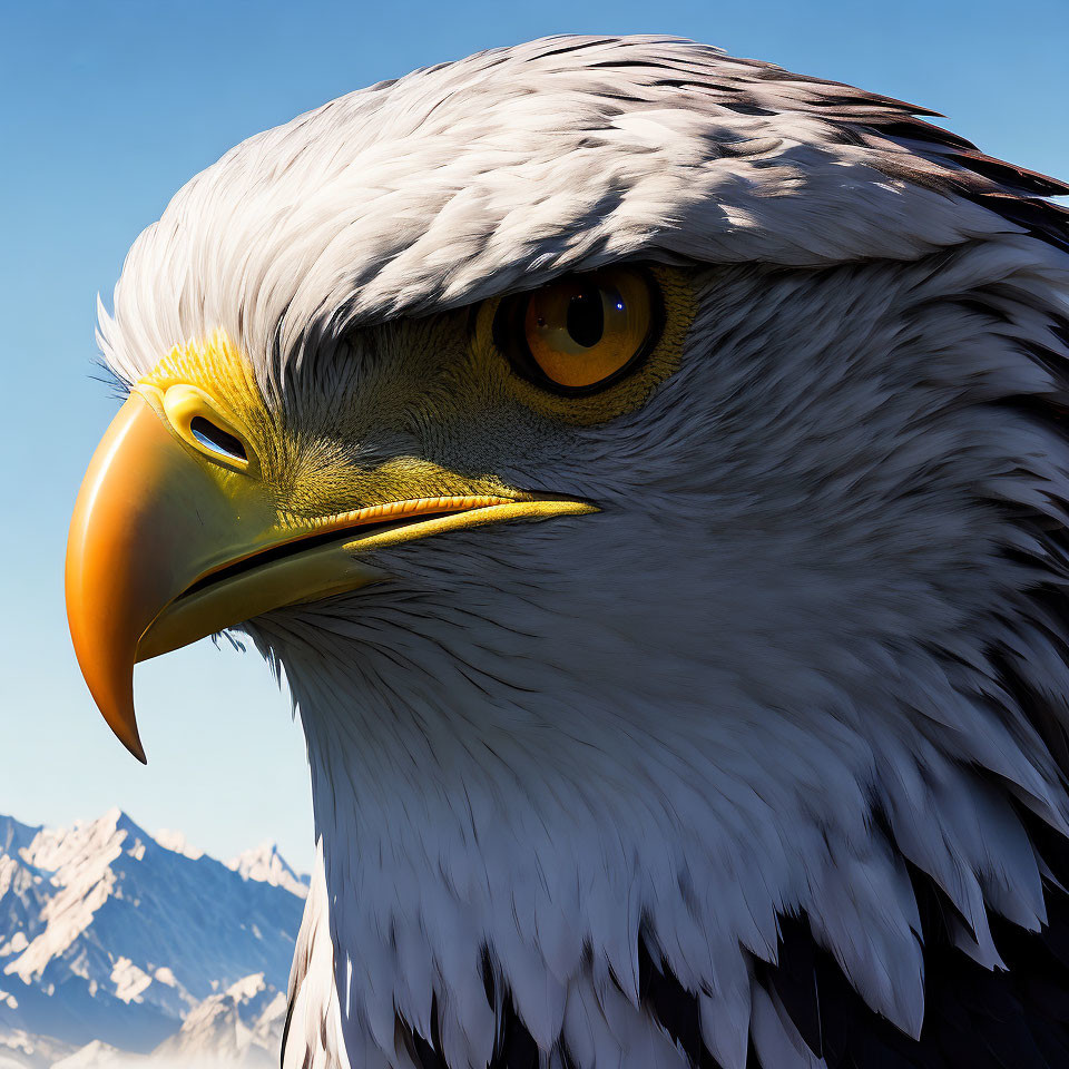Bald Eagle Head Close-Up with Sharp Eyes on Blue Sky and Snowy Mountains