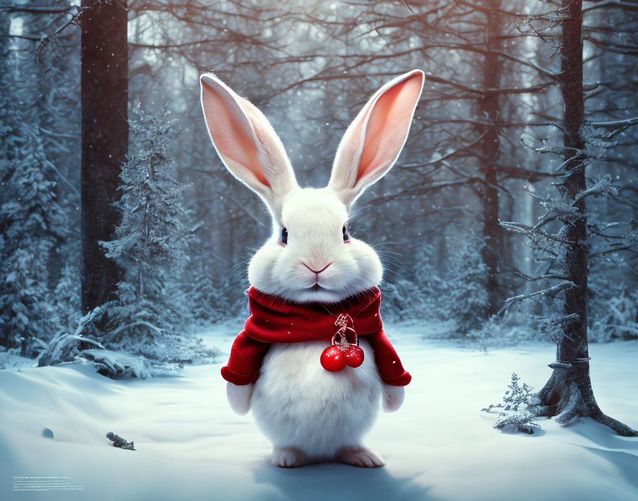 White Rabbit with Red Scarf in Snowy Forest Setting