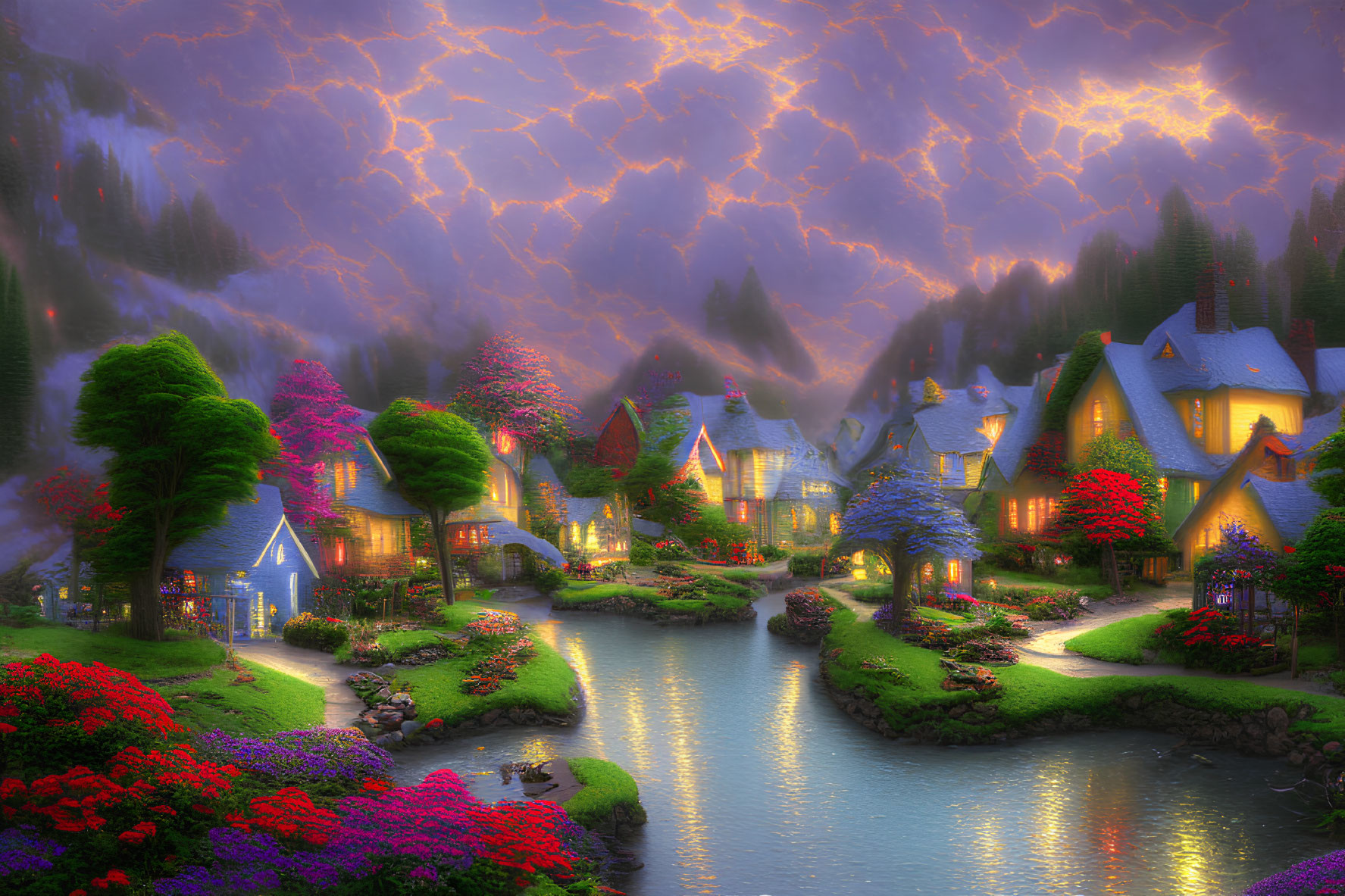 Idyllic village with cozy cottages, lush gardens, river, twilight sky