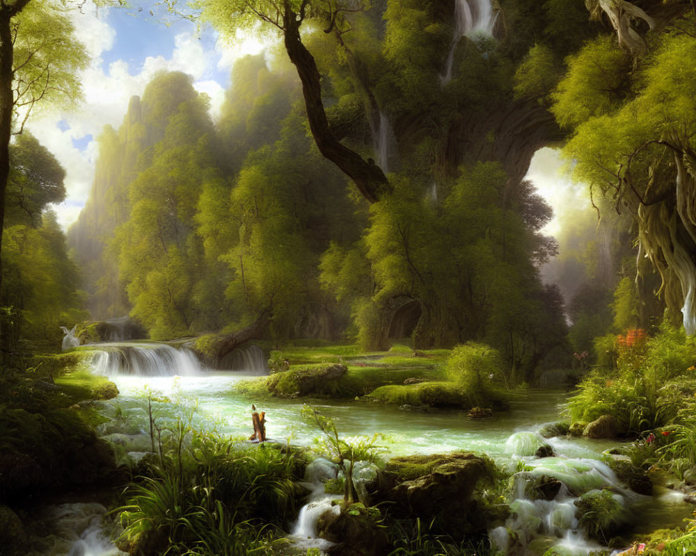 Tranquil landscape with waterfalls, river, lush trees, and figure in red amid misty