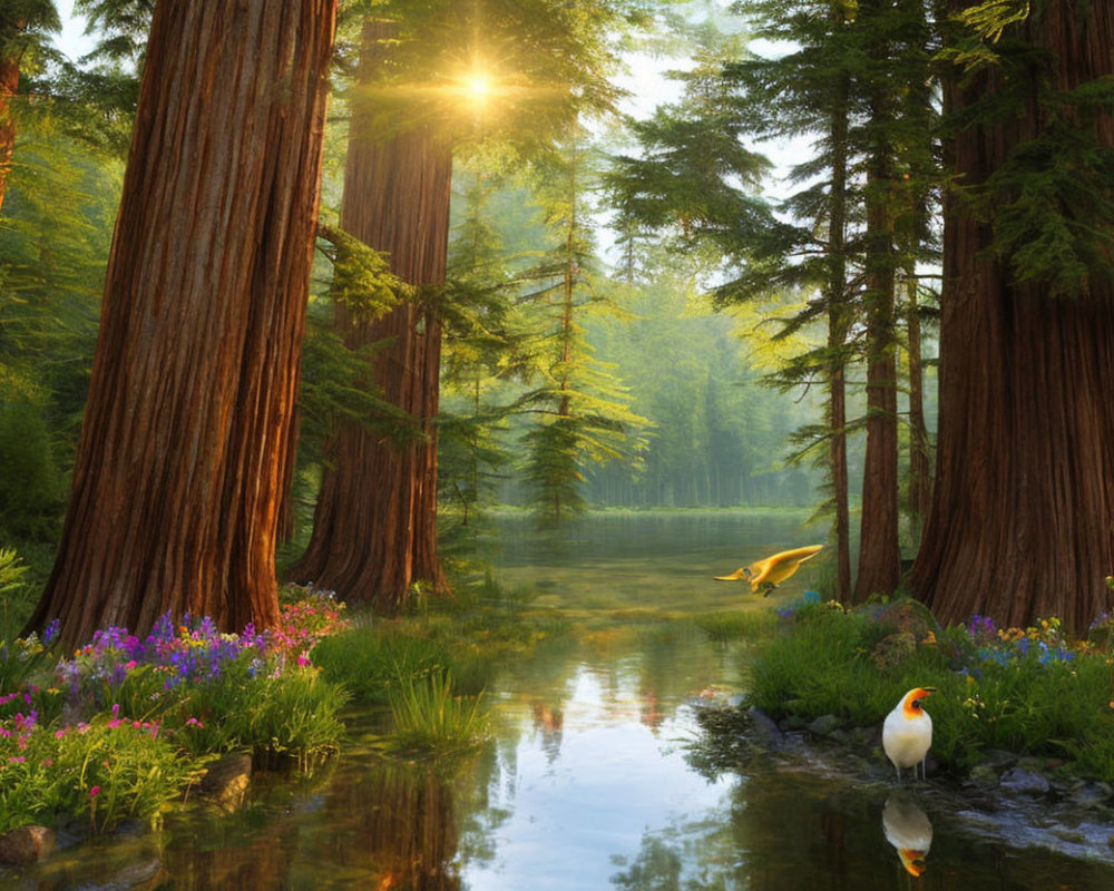 Serene forest scene with giant sequoias, wildflowers, stream, and ducks