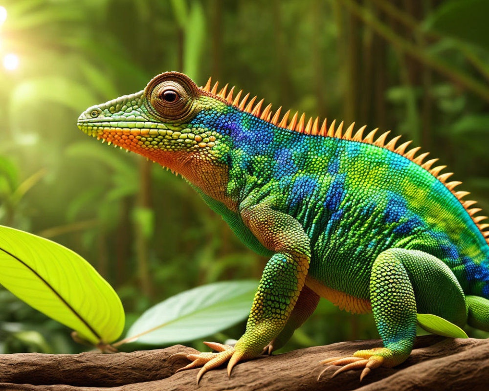 Colorful Chameleon on Branch in Sunbeam