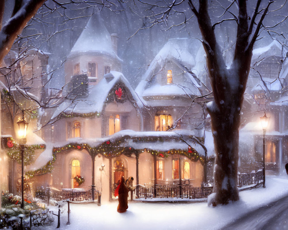 Snow-covered Victorian houses in festive dusk scene with warm light and couple walking