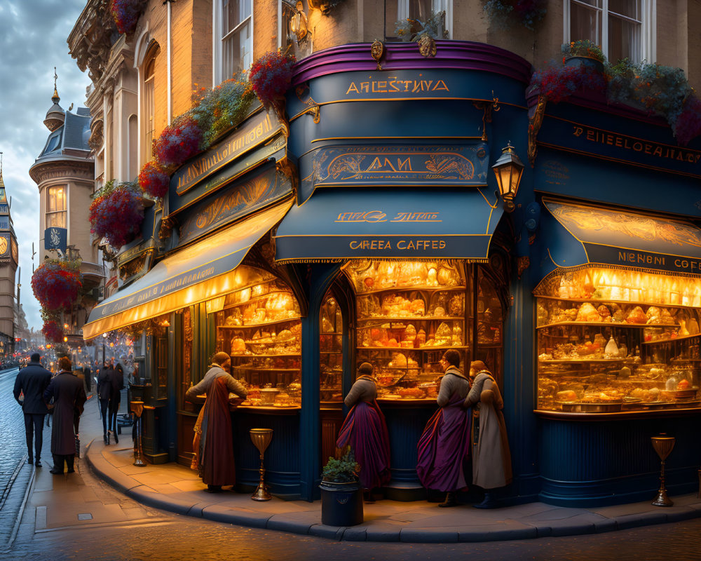 European Cafe Corner with Elaborate Cloaks and Confections Display