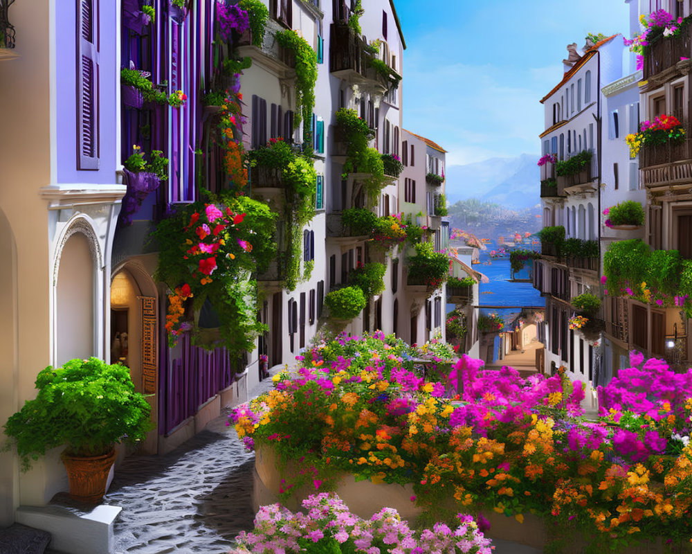 Colorful Flowers and Cobblestone Alleyway Leading to Blue Sea