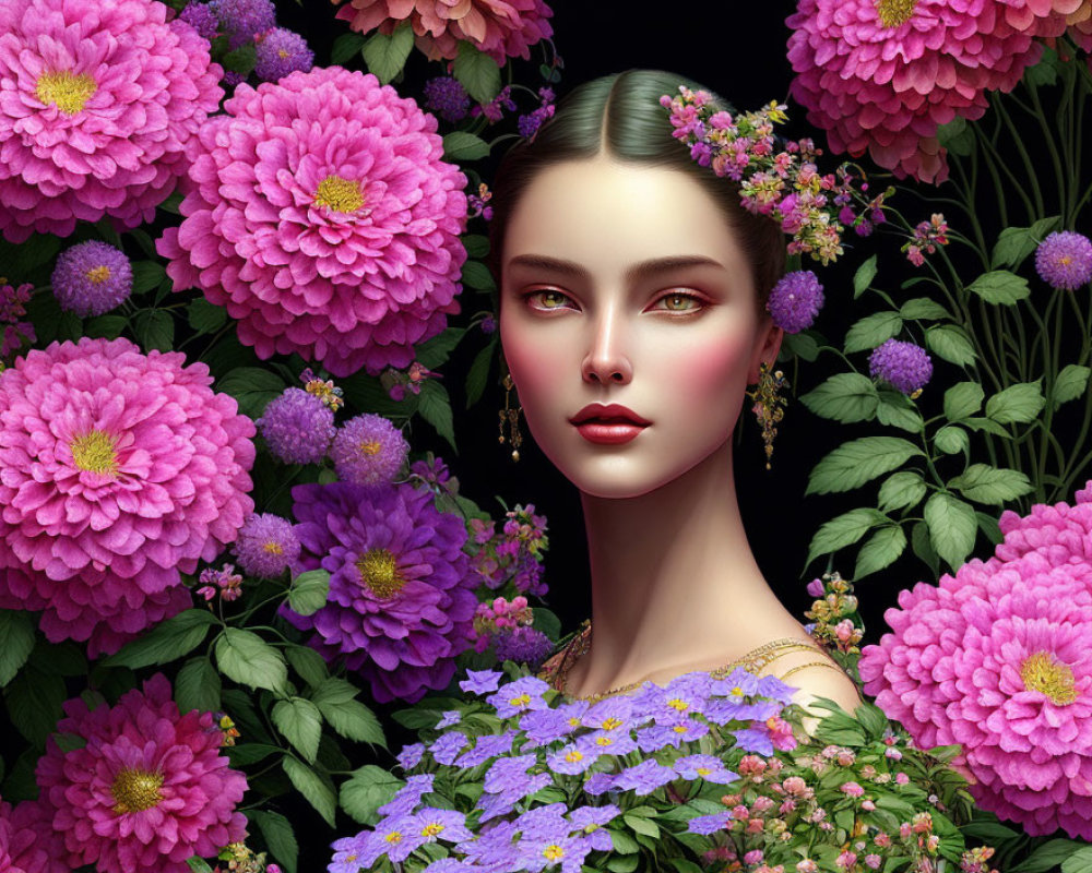 Portrait of woman with flawless skin amidst vibrant pink and purple flowers