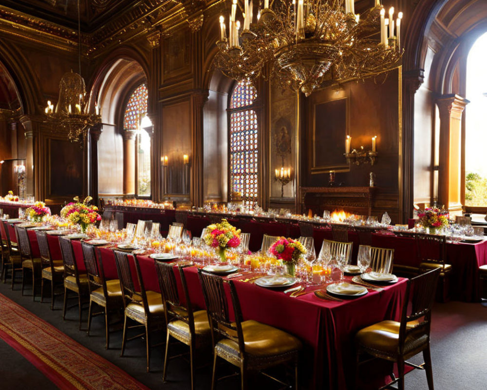 Luxurious dining hall with long formal table and elegant chandeliers