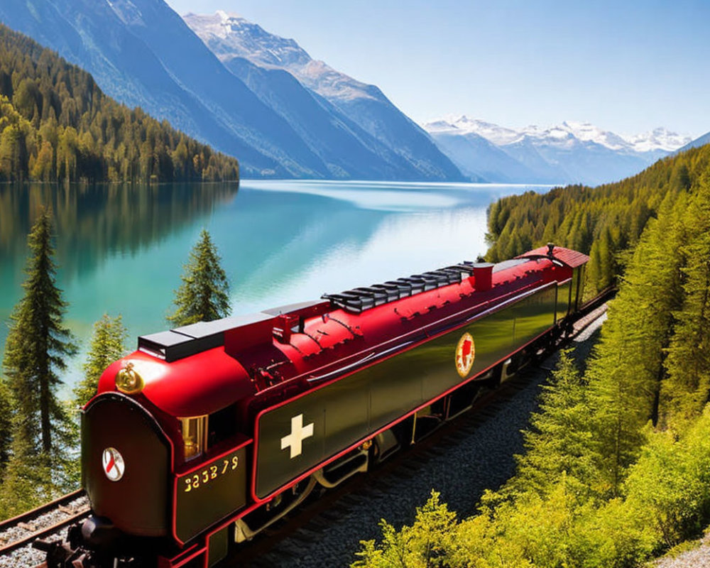Red Vintage Train with Swiss Flag Emblem by Lakeside Track