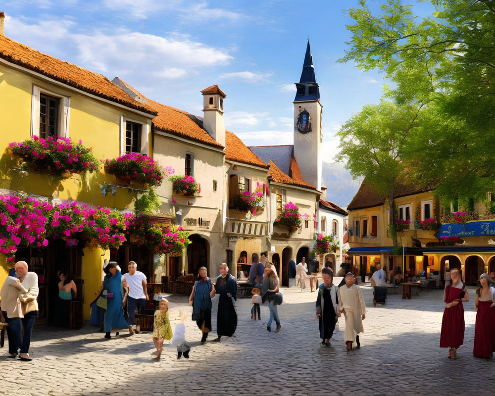 Historical village square with period costumes, cobblestone paths, and old-style buildings