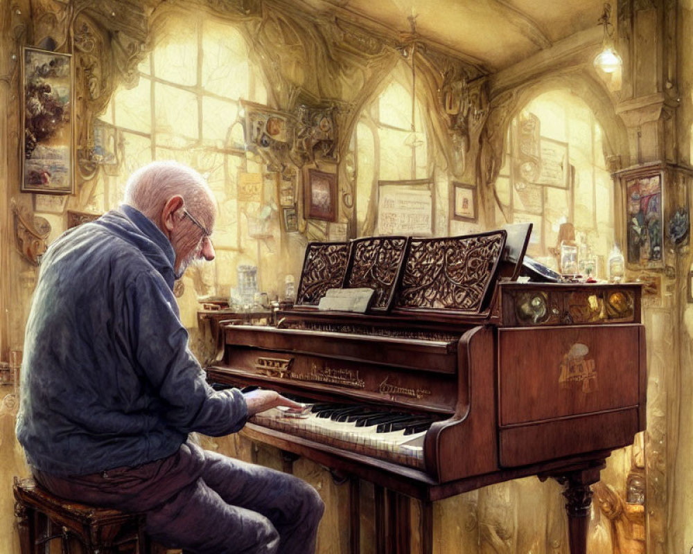 Elderly man plays grand piano in cozy, well-lit room