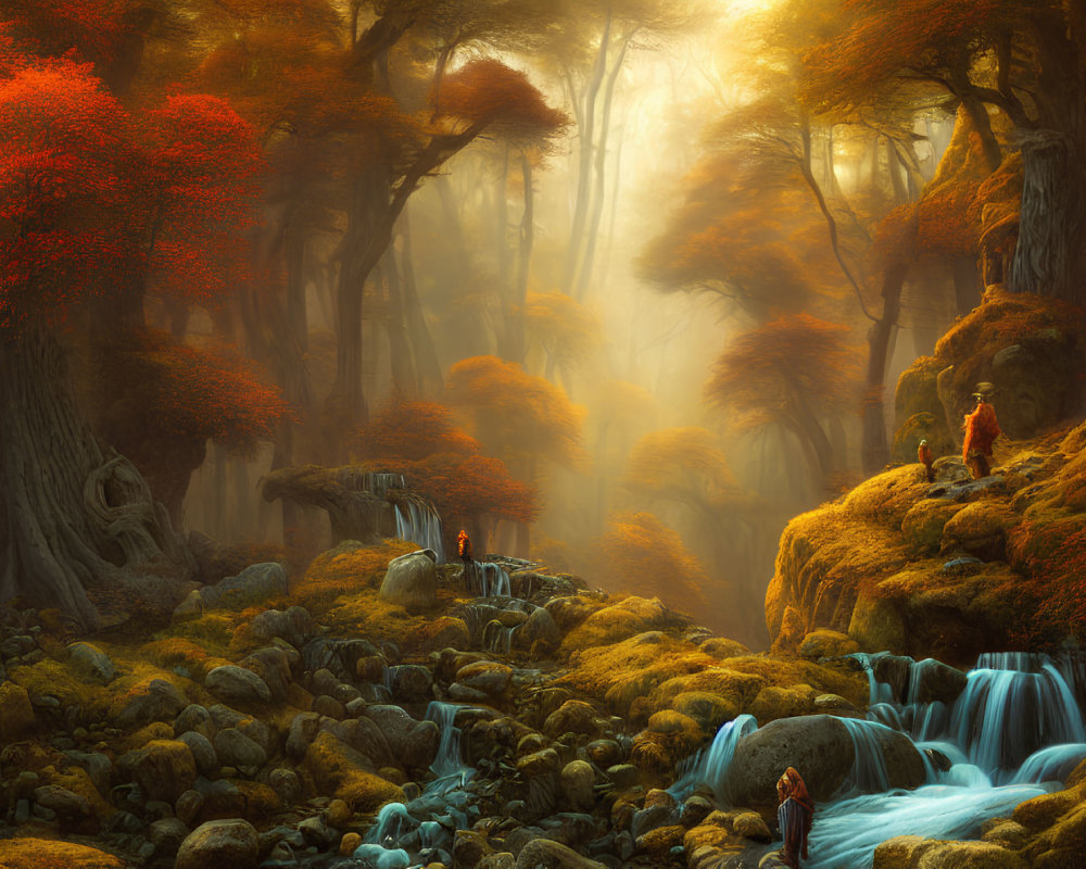Ethereal autumn forest with red foliage and person by stream in golden light