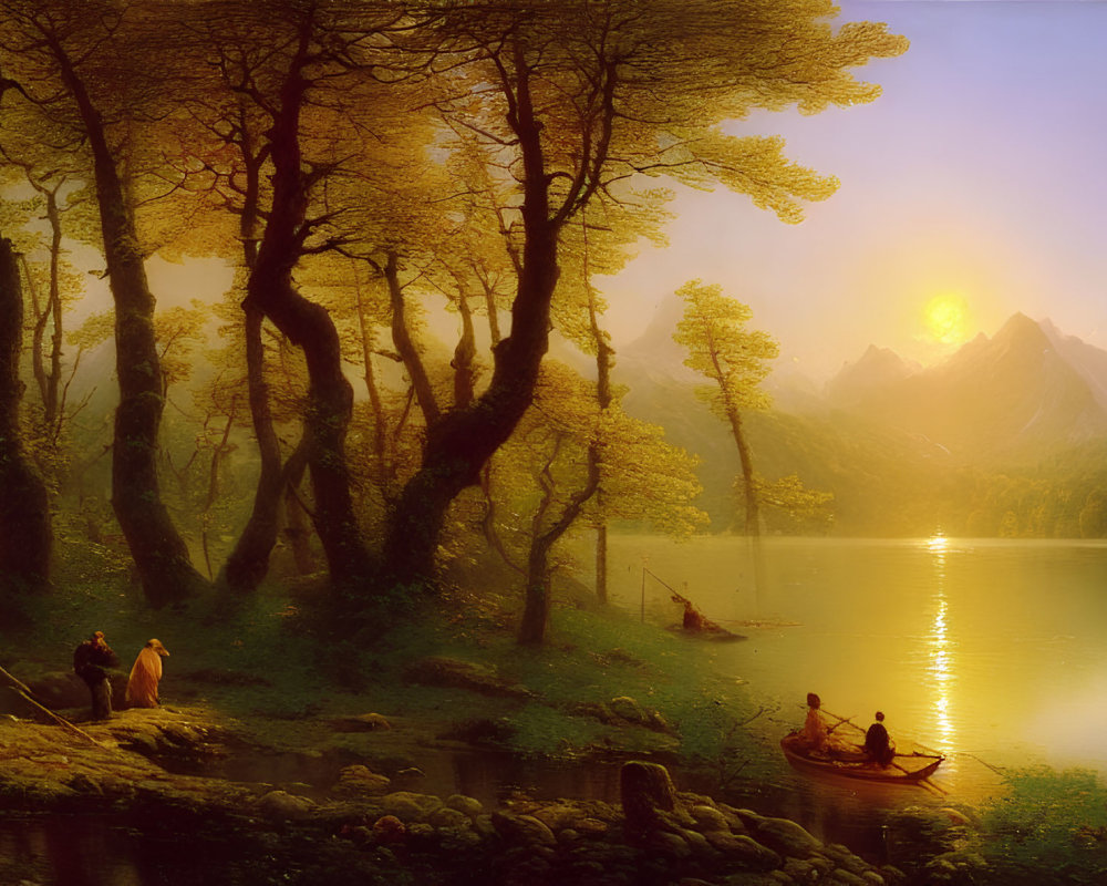 Golden sunset over calm lake with boat and autumn trees