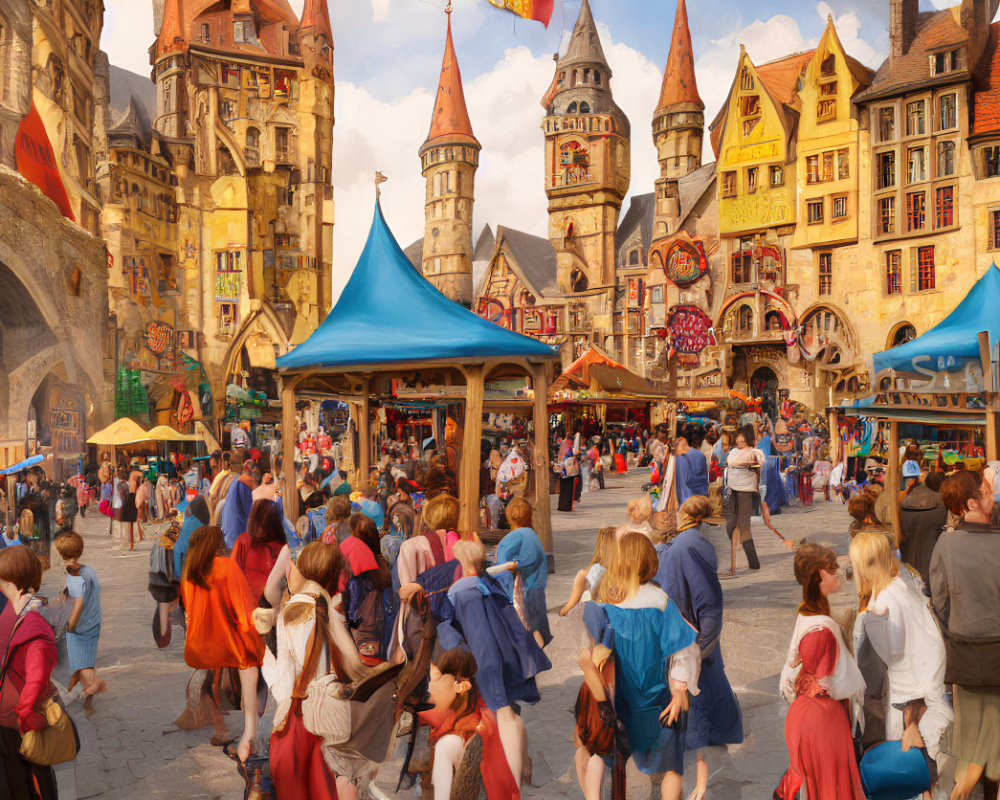 Medieval marketplace with colorful stalls and stone buildings