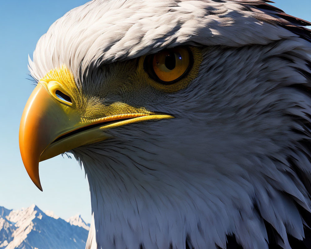 Bald Eagle Head Close-Up with Sharp Eyes on Blue Sky and Snowy Mountains