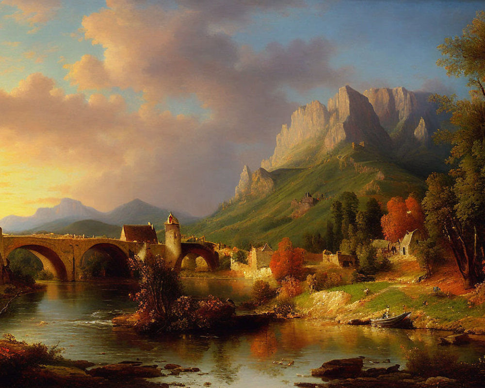 Tranquil river landscape with bridge, boat, houses, trees, mountains, and sunset sky