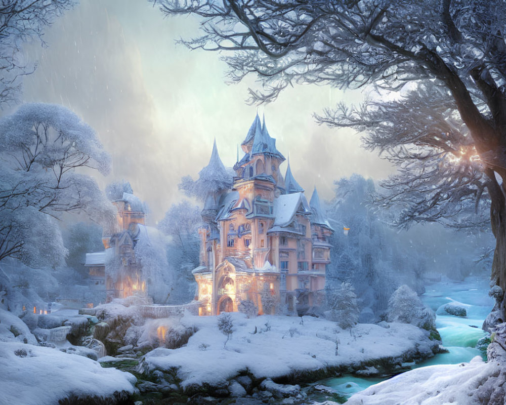 Snowy fairytale castle in twilight landscape