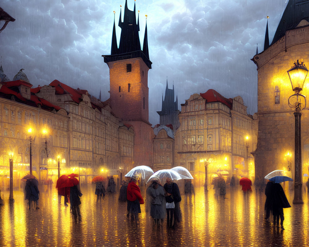 Historical square with people in rain, umbrellas, warm streetlights, Gothic towers