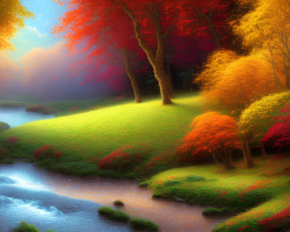 Tranquil autumn landscape with vibrant trees, flowing river, and soft sunlight