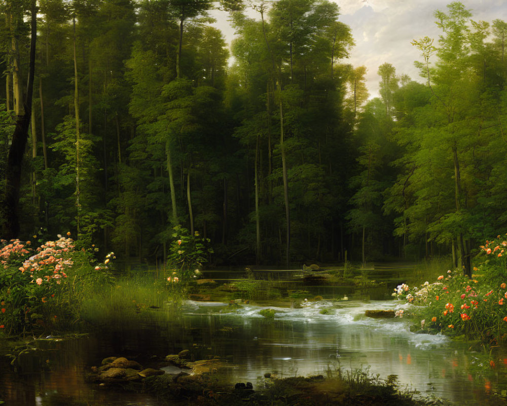 Tranquil forest scene with stream, flowers, and sunlight
