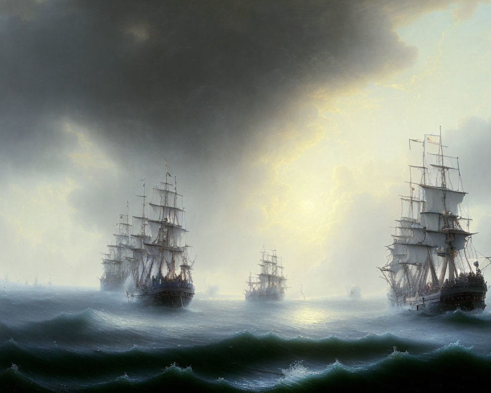 Tall ships sailing through stormy seas with lightning overhead