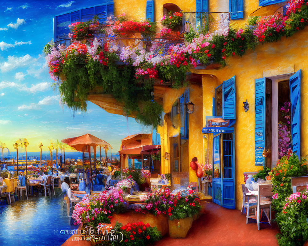 Scenic waterfront dining area with yellow building and blue sky