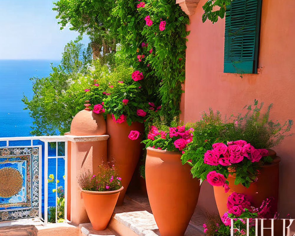 Vibrant terrace with pink flowers, turquoise railing, ocean view