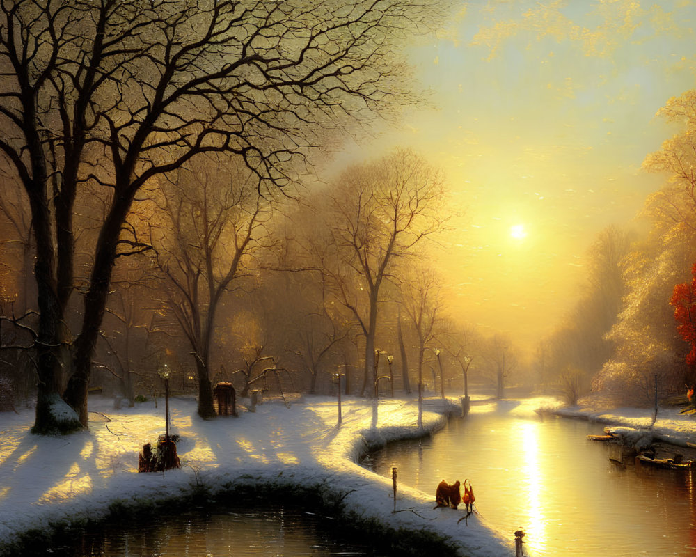 Snow-covered park with golden sunset, river reflection, bare trees, horse-drawn carriage, and couple