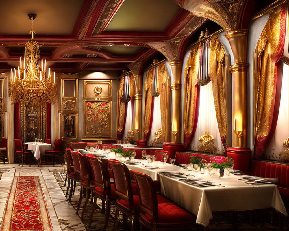 Luxurious Dining Room with Red and Gold Trims and Ornate Chandeliers