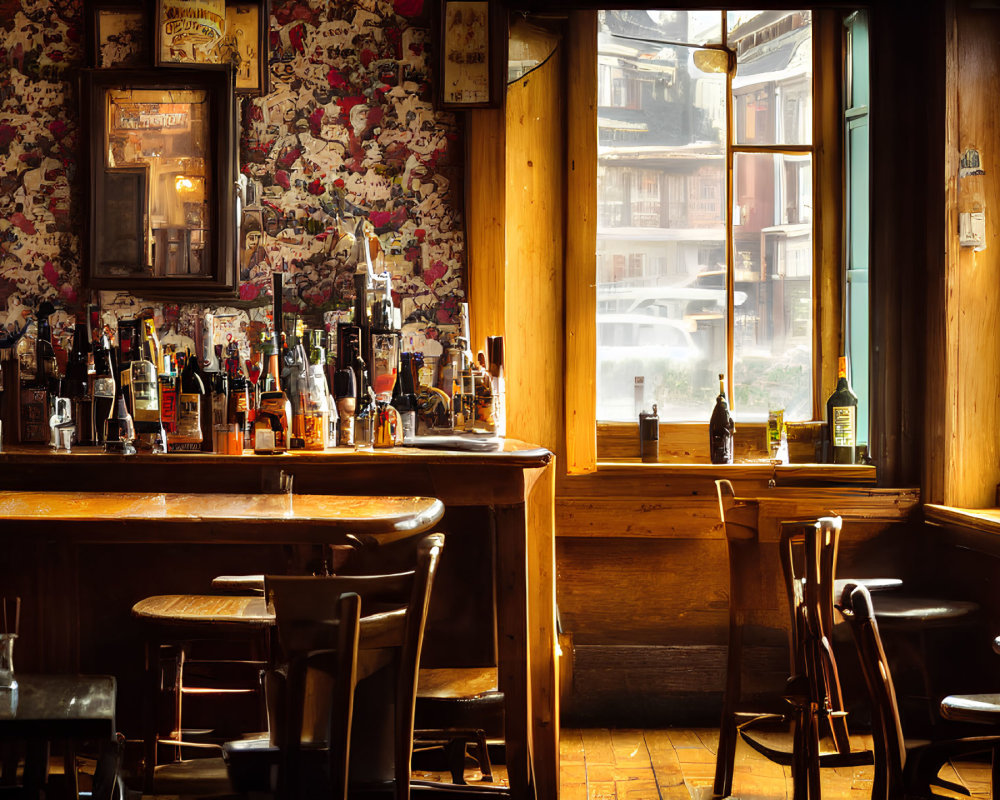 Cozy bar with wooden counter, liquor bottles, patterned wallpaper, and city street view