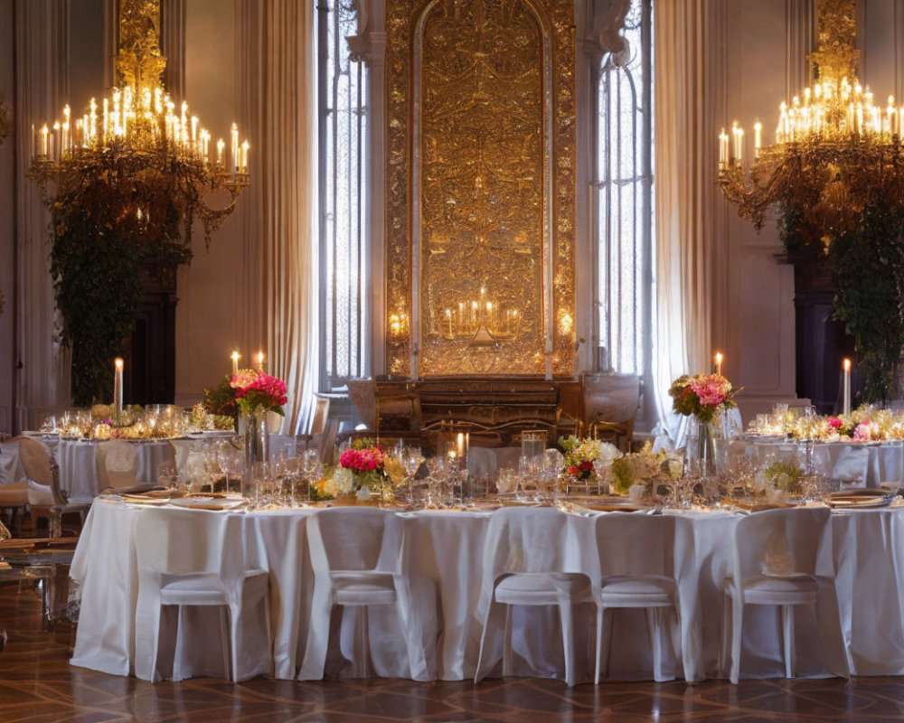 Elegant dining hall with candlelit tables, chandeliers, floral arrangements