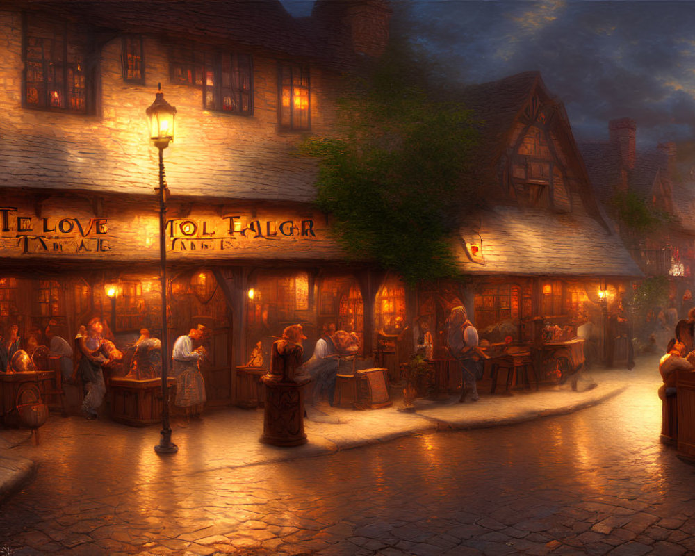 Bustling tavern scene with patrons under warm lantern light
