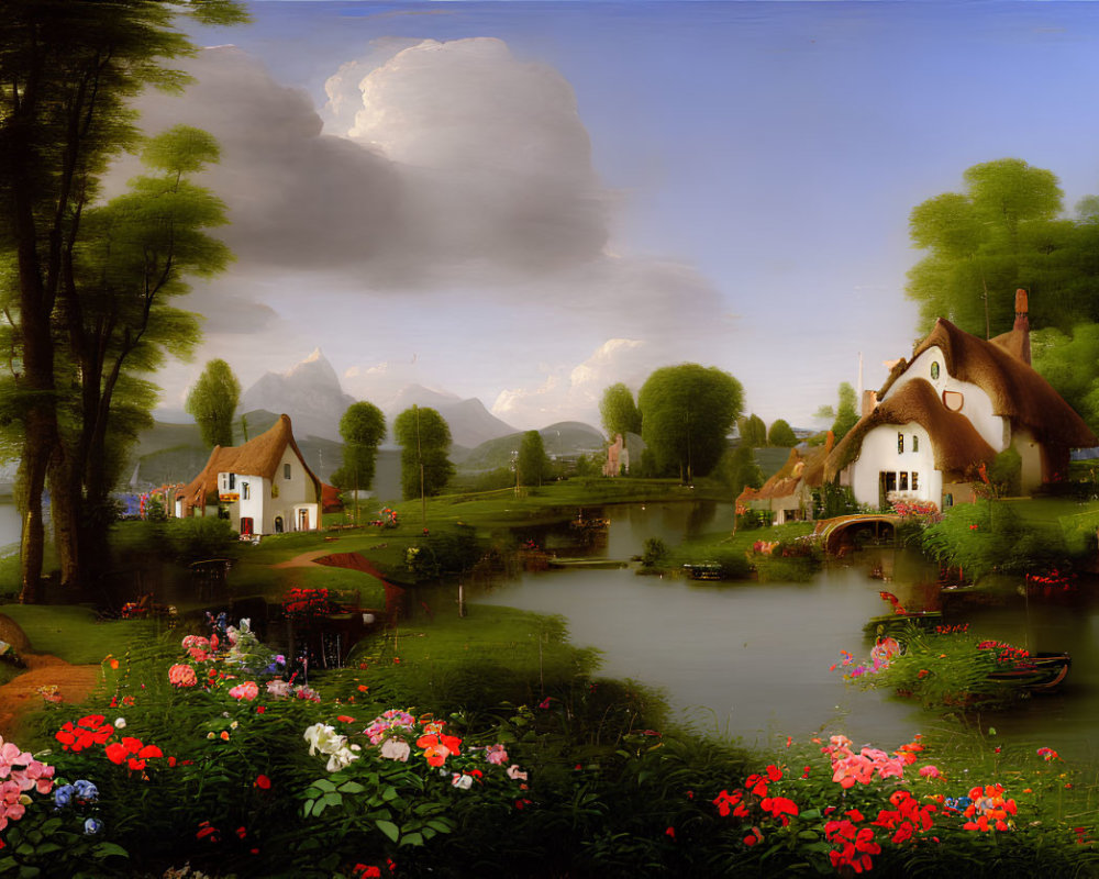 Tranquil village scene with thatched cottages, lake, greenery, flowers, mountains,